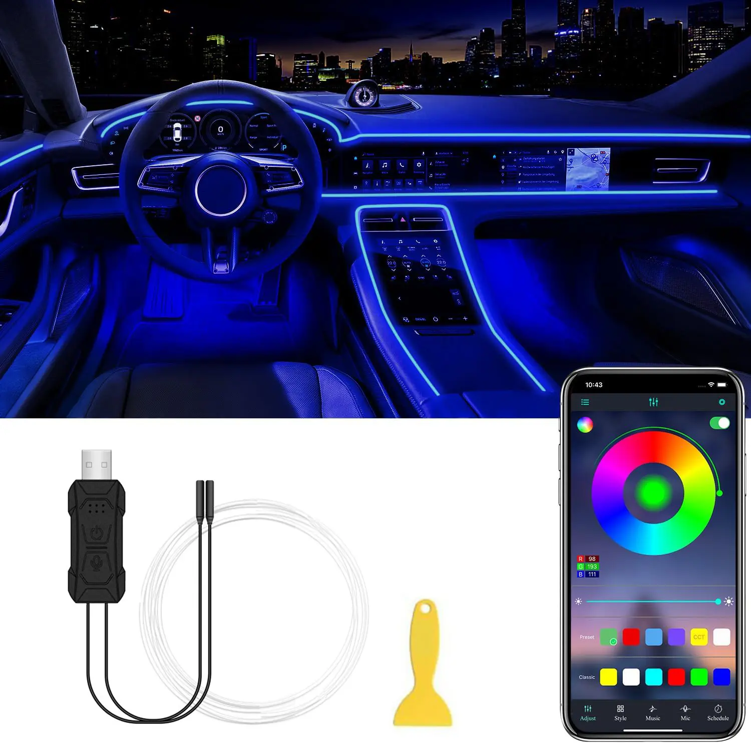Car 16FT ElectroluminescentCar LED Strip Lights, USB-Powered InteriorAmbient Lighting Kit with Fuse Protection, USBPowered Multicolor Car Interior Light ,USBPowered Car Interior Fiber Light