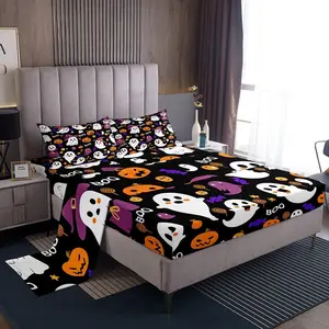 Feelyou Cartoon Halloween Cute Ghost Print Bedsheet Set - Black Purple Kawaii Bedding Set with Soft Breathable Sheets, Decorative Fitted Sheet Collection, Bedsheet Sets