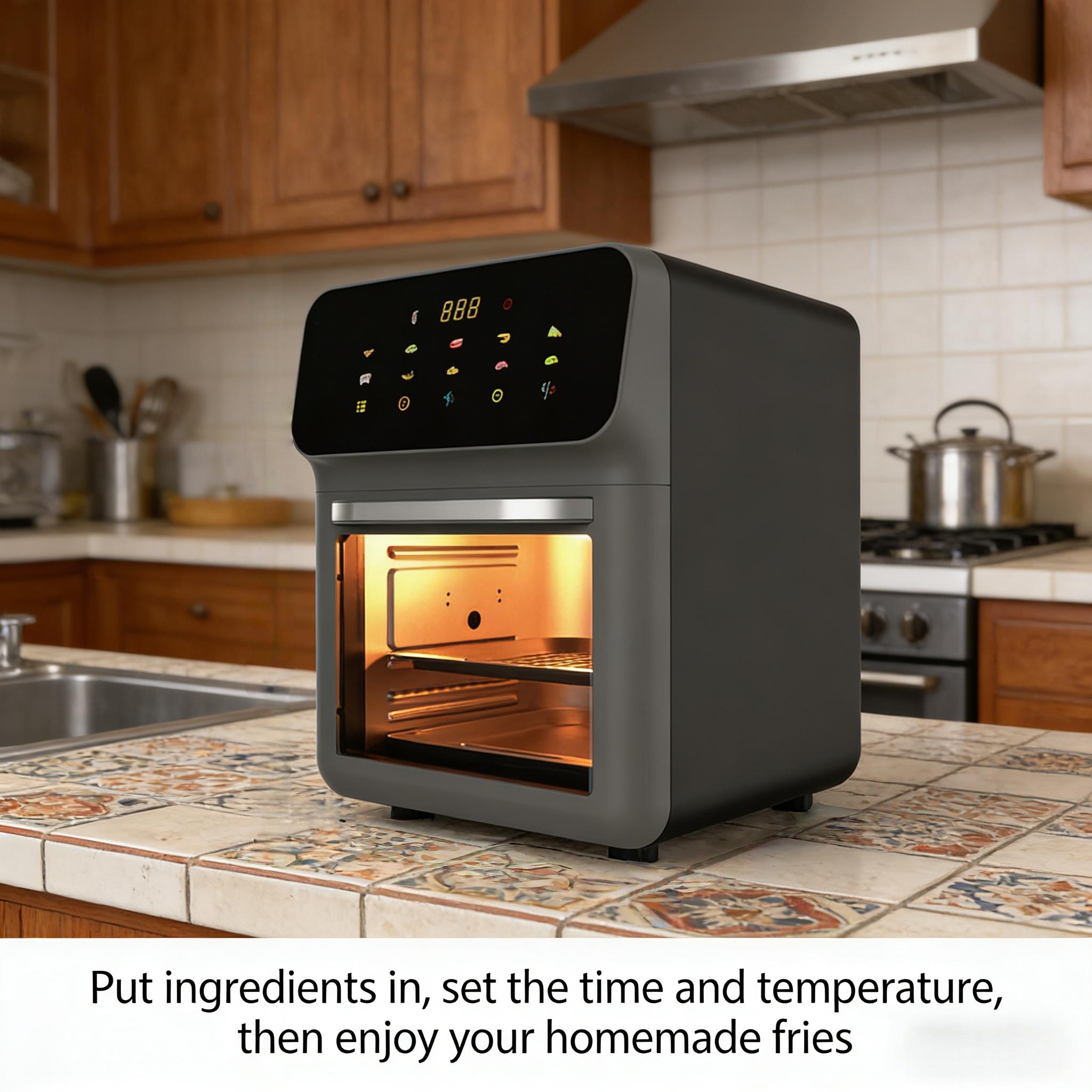 13L air fryer toaster oven combination, made of stainless steel material, compact oven of household size, used for baking whole chicken/double cooking, stainless steel interior, easy to clean, including 2 accessories and recipes, US plug