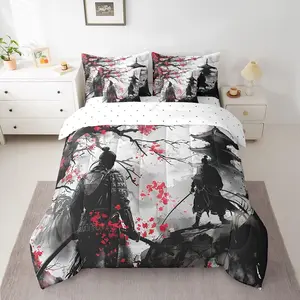 Japanese Samurai Comforter Set,7 Pieces Japanese Ukiyoe Bed in A Bag with Comforter,Sheets,Pillowcases & Cushion Cover,Cherry Blossoms Bedding Set
