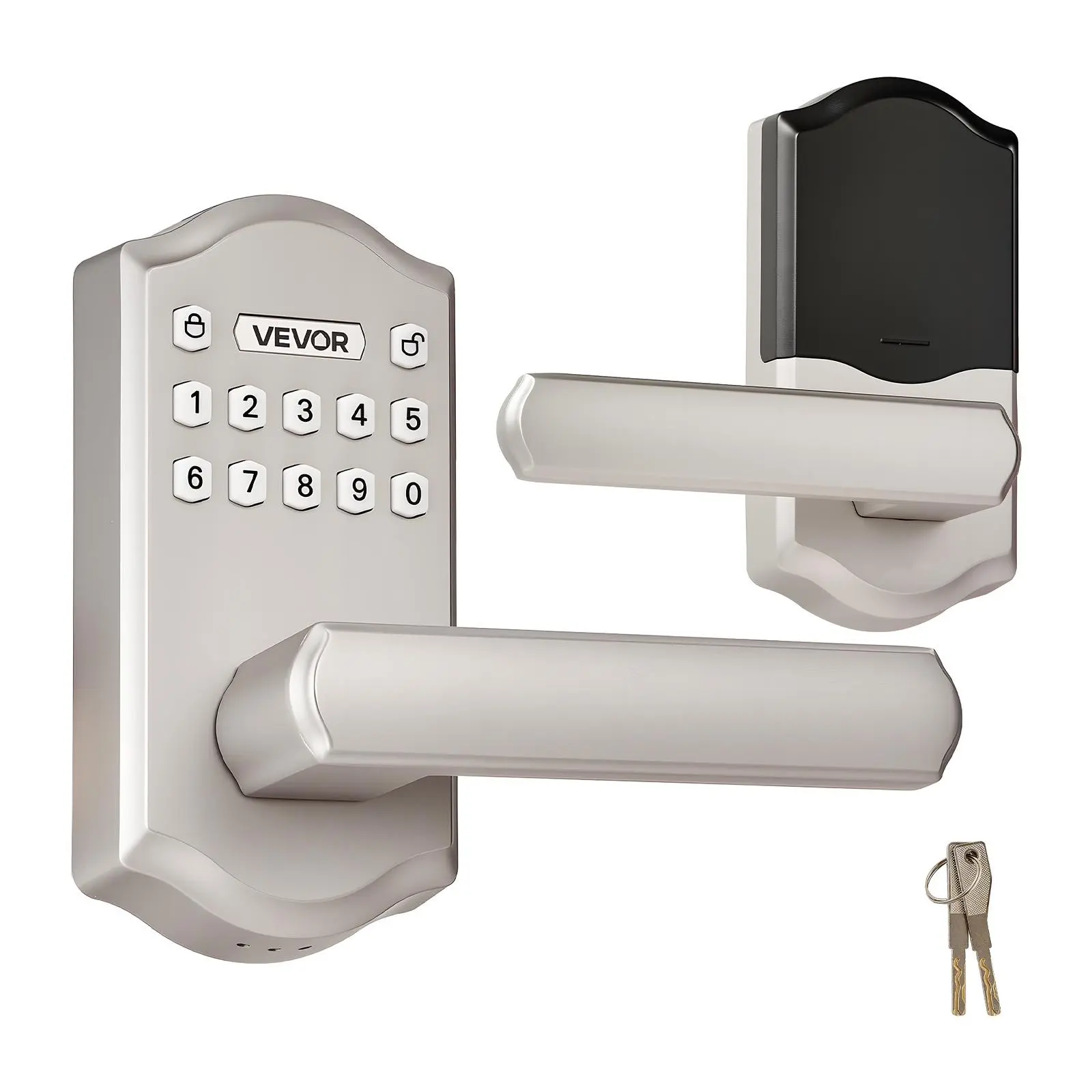 VEVOR Corrosion-Resistant Smart Door Lock with Handle, Electronic Keypad Lever, Customizable User Codes, Keyed Entry, Auto Lock, Anti-Peeking Password, Backlit Design, Satin Nickel for Home Tool Upgrade (Keypad + Key)