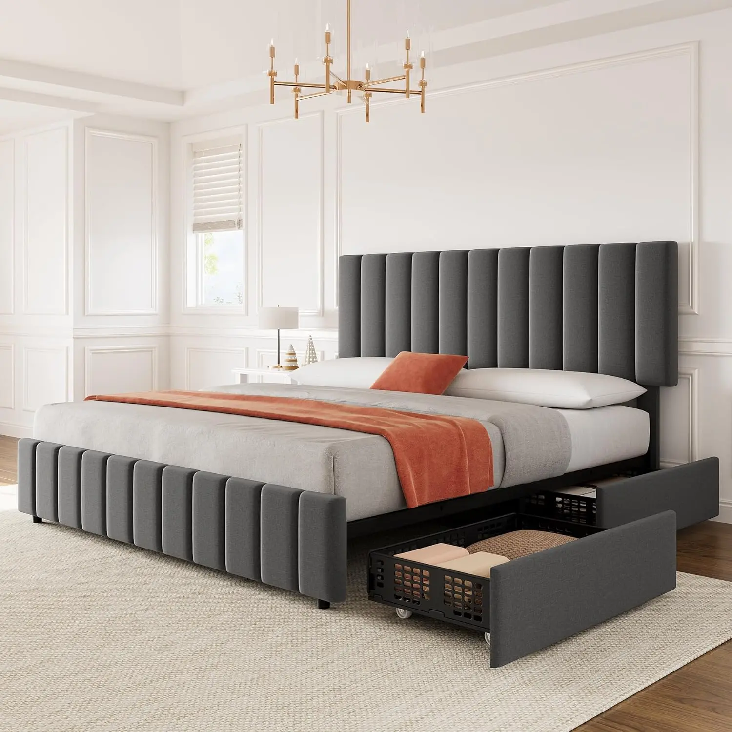 Contemporary Queen Size Platform Bed Frame with 4 Storage Drawers, Adjustable Headboard (with Headboard Ideas), Wooden Slats Support, Detachable Parts, No Box Spring Needed, Grey (Fits Queen Size Mattress), Mattress Queen Size
