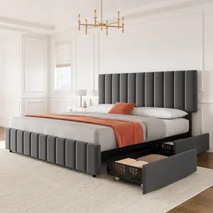 Queen Linen Upholstered Platform Bed Frame with 4 Storage Drawers Adjustable Headboard Wooden Slats Support No Box Spring Needed Grey
