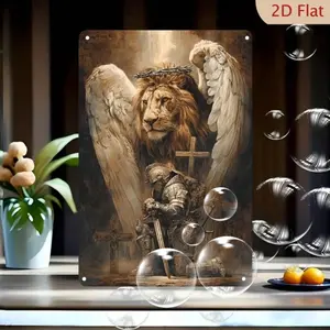 2D Flat, Warrior And Lion Armor Of God Christian Metal Wall Art - Framed Knight Painting Suitable For Living Room, Office Decor, Medieval -Themed Plaque, English-Language Artwork (12*18 Inch), 2D Flat