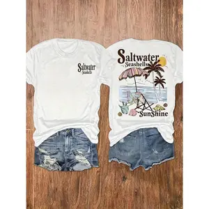 Women's Seashells & Beach Palm Tree Vacation Print T-Shirt, Casual Vacation Women's Short Sleeve Top, Women's Clothing