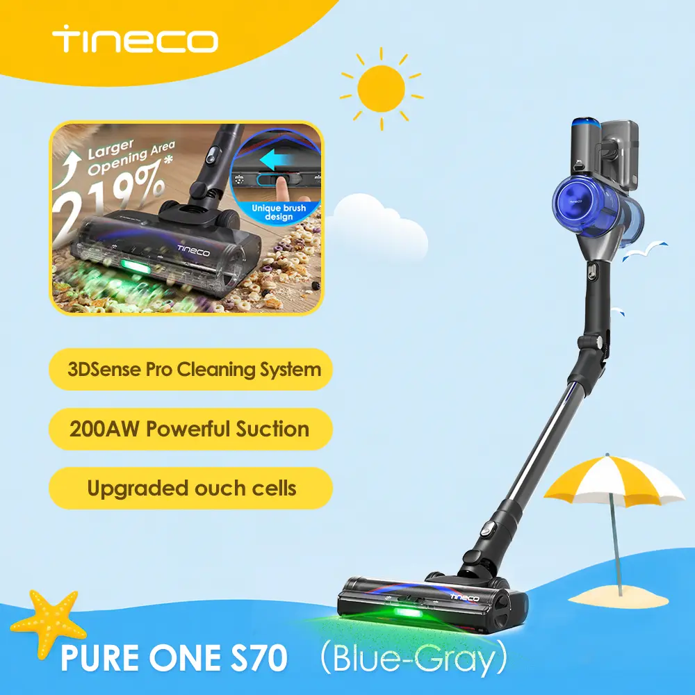 Tineco Pure ONE S70 (Gray) Cordless Vacuum Cleaner, 200AW Powerful Suction, Up to 95min Runtime, Zero Tangle Brush,180° Foldable Tube, Stick Vacuum Cleaner for Pet Hair, Carpet & Hard Floor