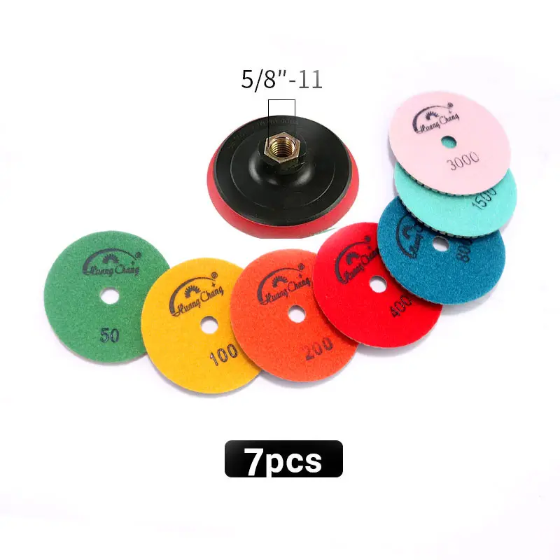 Huang Chang 4 Inch Diamond Polishing Pads with 5/8’’-11 Backer Pad, 8PCS Dry Granite Stone Polish Pad Kit for Drill, Grinder, Polisher, 50-3000 Grit Polishing Pad for Concrete Marble Rock Countertop Quartz