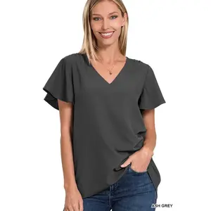 ZENANA Woven Flutter Sleeve V-Neck Top