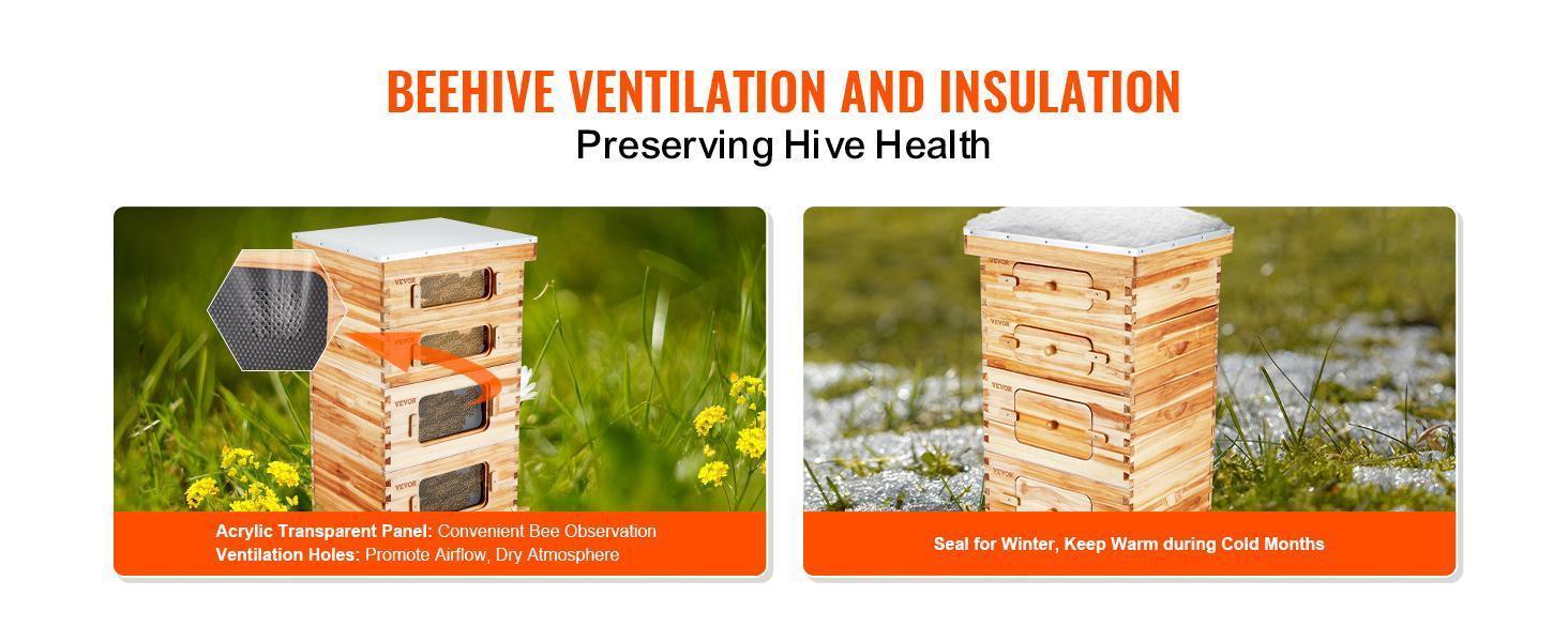 VEVOR Bee Hive 40 Frame Bee Hives Starter Kit, TikTokShopBlackFriday, Beeswax Coated Cedar Wood, 2 Deep + 2 Medium Bee Boxes Langstroth Beehive Kit, Transparent Acrylic Windows with Foundations for Beginners Pro Beekeepers