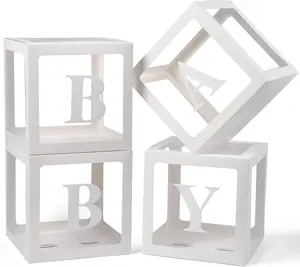 Baby Boxes with Letters for Baby Shower – 4PCS Transparent Balloon Boxes for Gender Reveal, Birthday & Wedding Party Decorations | White Decor Boxes