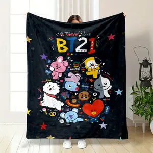 This BT21 co-branded cartoon blanket gathers super popular cute characters such as RJ, CHIMMY, TATA, etc. With a dark background, colorful cartoon images and star elements, it has a lively and