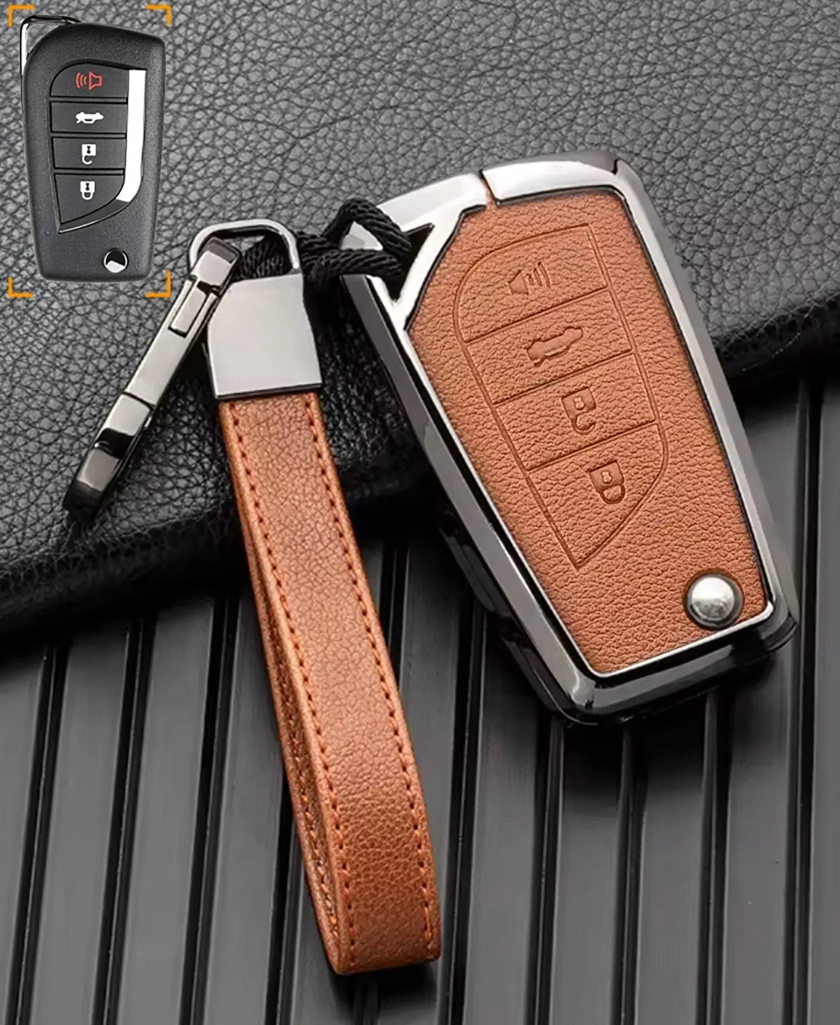 Toyota Key Fob Cover — Leather & Aluminum, 4-Button Protector Set