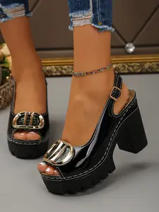 Vintage Metal Buckle Thick Sole Rubber Chunky Heel Sandals, Fish Mouth Back Strap High Heels for Women, Retro Style Summer Shoes