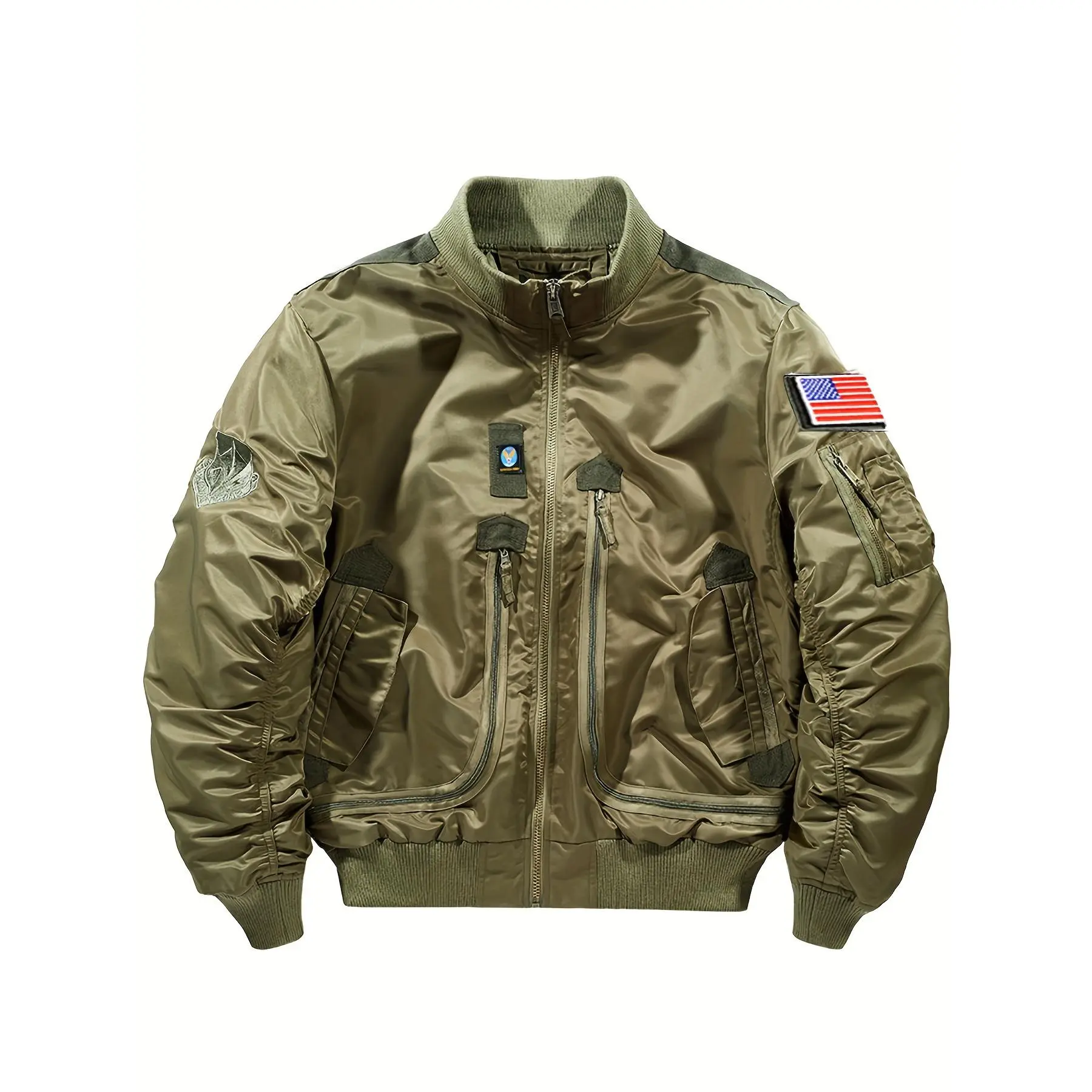 Men's Solid Color Stand-Collar Tactical Bomber Coat - Full Zipper Menswear for Outdoor Going Out, Solid Color Coat, Tops, Jackets, Casual, Polyamide, Woven