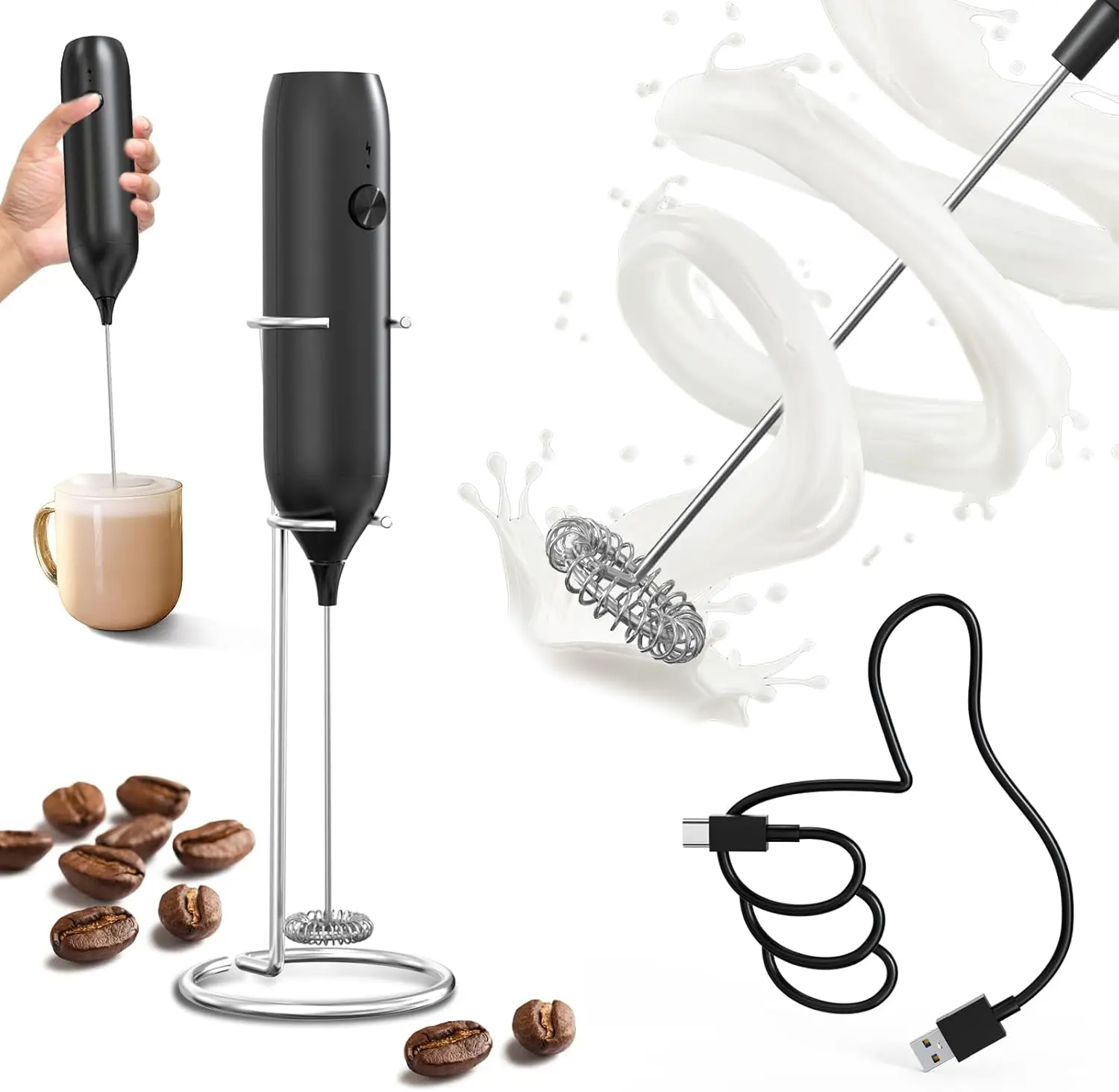 Powerful Milk Frother Handheld with Stand Rechargeable Milk Foamer Electric Mini Drink Mixer for Coffee, Cappuccino, Lattes, Frappe, Matcha and Hot Chocolate, Black