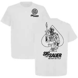 Sig Sauer Tactical T-Shirt – "Never Settle" Graphic Tee with Ace of Spades Soldier Print, Military Gun Shirt, Casual Menswear, Made in USA Gift for Shooters