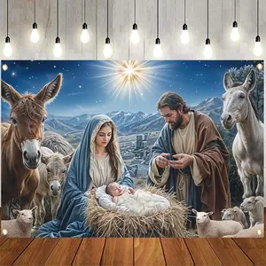 Festive Season Banner 2D Flat Birth of in Manger Scene Durable Polyester Backdrop for Winter New Year Celebrations Home Party Festivals 1 Pack