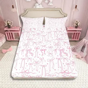 Pink Bowknot Kids Girls Fitted Sheet,Cartoon Hand Drawn Stars Love Bow Bed Sheet,Sweet Princess Style Bedding Set for Teens Woman Room Decor,Dreamy Pink White Deep Pocket No Flat