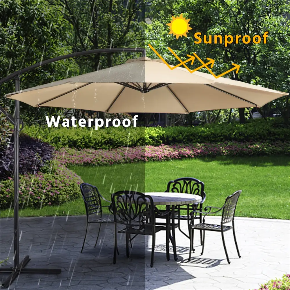 【No Base & Solar 32 LED Lights Umbrella 】Yaheetech 10FT Solar Offset Umbrella, Handy Crank & Cross Base for Outdoor Use, Ideal for Lawn, Deck, Backyar