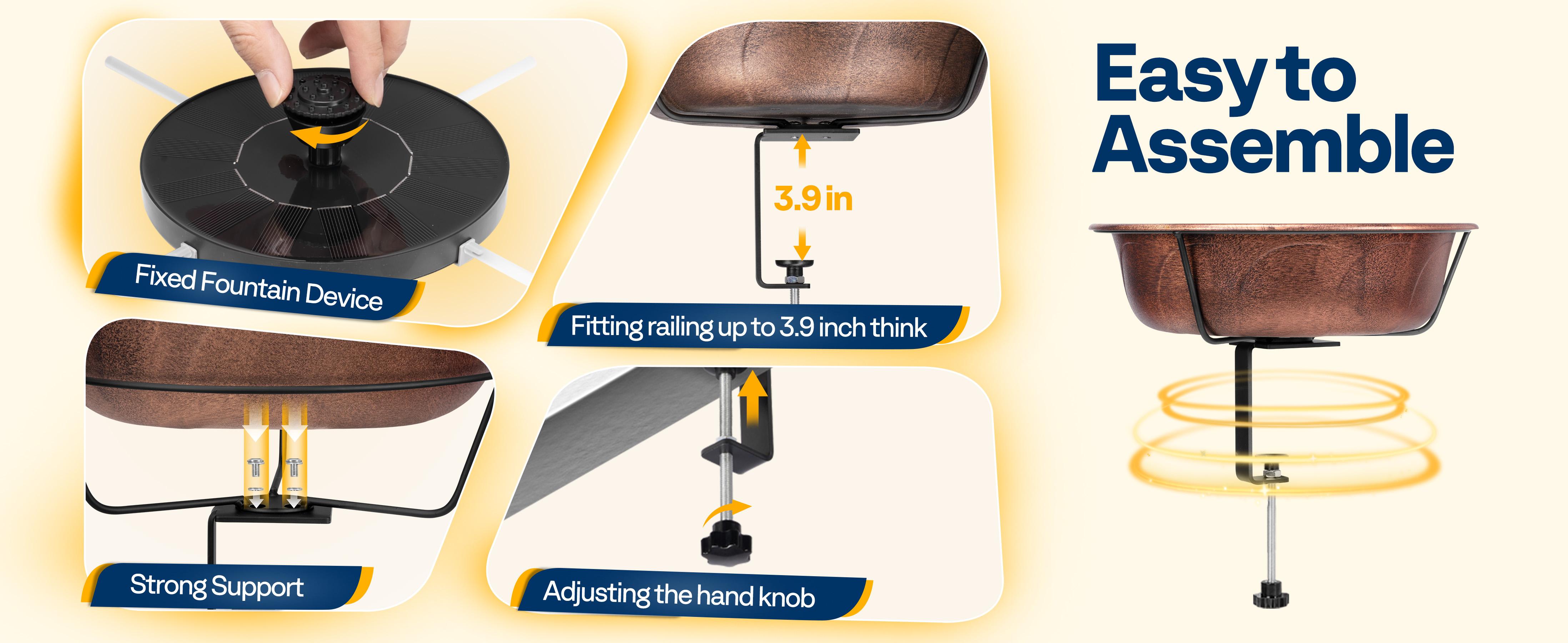 VIVOHOME Deck Mounted Bird Bath with Solar Fountain, Outdoor ABS Birdbath Bowl with Adjustable Metal Clamp, Solar Powered Pump for Railing, Fence, Balcony, 1.45 Gallons