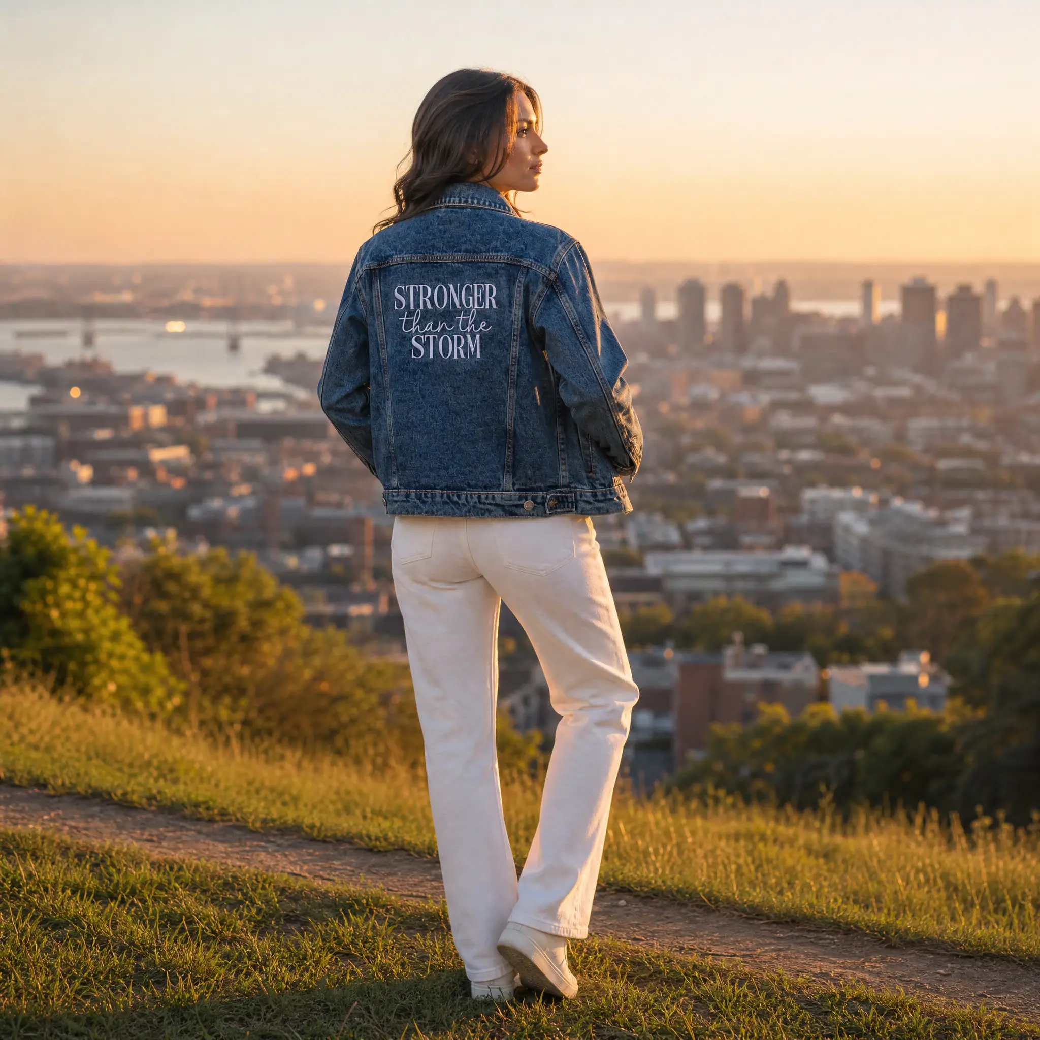 Love in Faith | Denim Jacket - Embroidered Vintage Wash, Fitted Long Sleeve, Casual Rock Style, Medium Length, All Seasons, Womenswear
