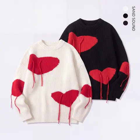 SAND SOUND Women's Buttoned Foldable Medium Length Polyester Crewneck Knit Pullover - Unisex Cute Red Hearts Graphic, Casual Trendy Harajuku Aesthetic, Winter Fall Holiday Outfit, Standard S-M-L-XL-XXL Gifting Top