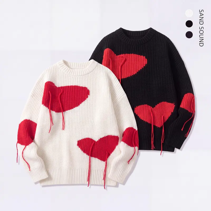 SAND SOUND Women's Buttoned Foldable Medium Length Polyester Crewneck Knit Pullover - Unisex Cute Red Hearts Graphic, Casual Trendy Harajuku Aesthetic, Winter Fall Holiday Outfit, Standard S-M-L-XL-XXL Gifting Top