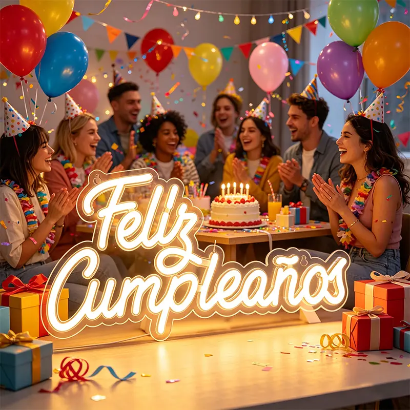 Happy Birthday LED Neon Sign, Warm White / Cool White / Pink Decor Lights, Spanish-Style Birthday Wall Decorations, Mexican-Themed Birthday Party Backdrop Banner with Hooks, USB Powered Gift Light
