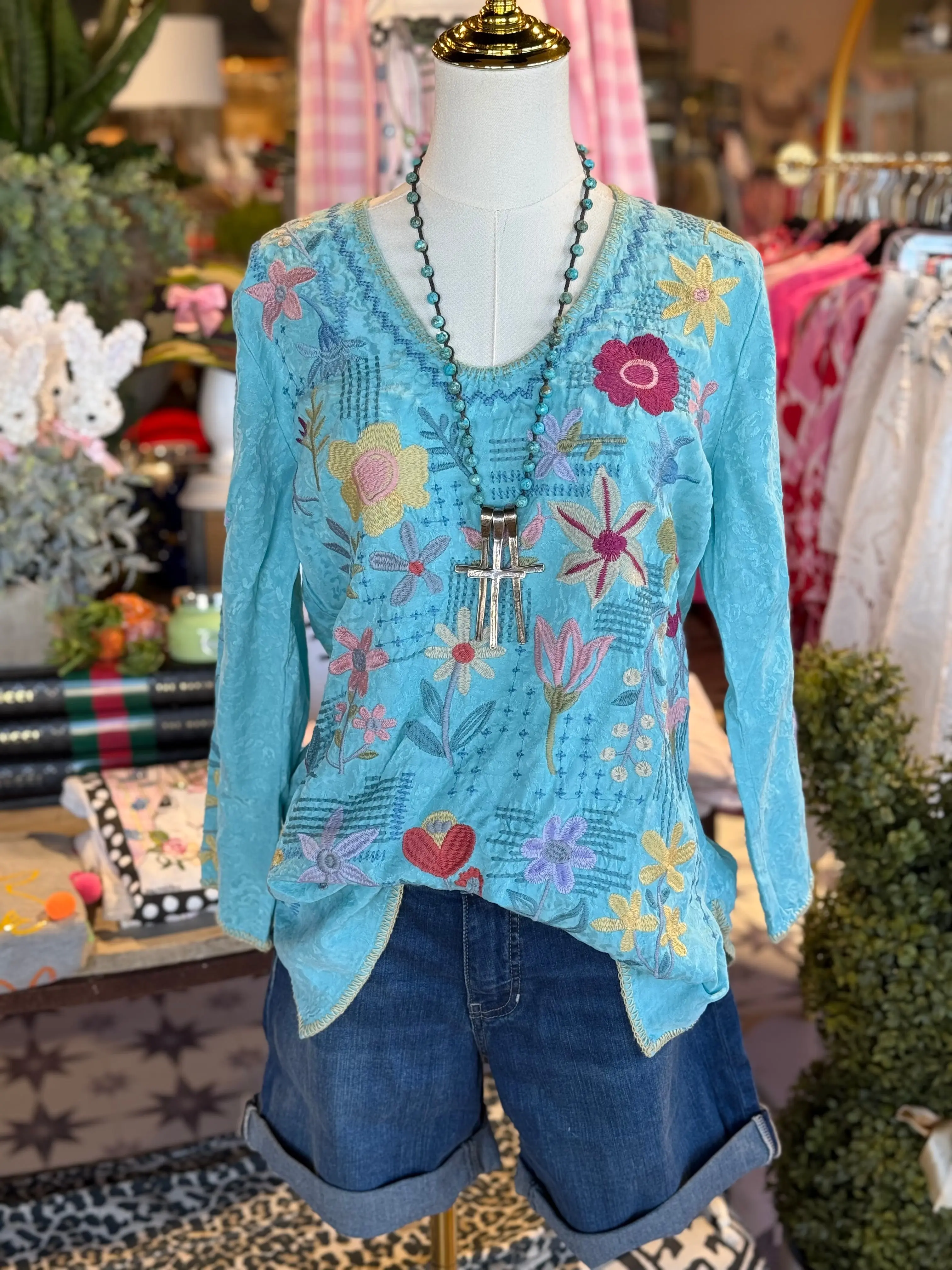 Women's Embroidered Turquoise Top, Inji Blouse, Stylish Women's Shirts for Casual Wear