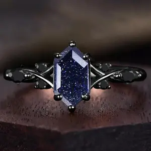Elegant black blue synthetic crystal sand-edge rings for women geometric stackable design engagement ring, suitable for wearing at parties, weddings, anniversaries, Valentine's Day gifts
