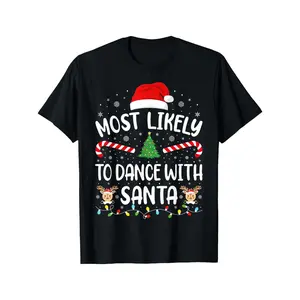 Men's Funny Christmas T-Shirt - Most Likely to Dance with Santa - Black Holiday Party Shirt with Candy Canes, Confetti & Elf Design - Loose Fit Crew Neck Tee for Ugly Sweater Parties & Family Gatherings - Machine Washable  Round Neck Casual