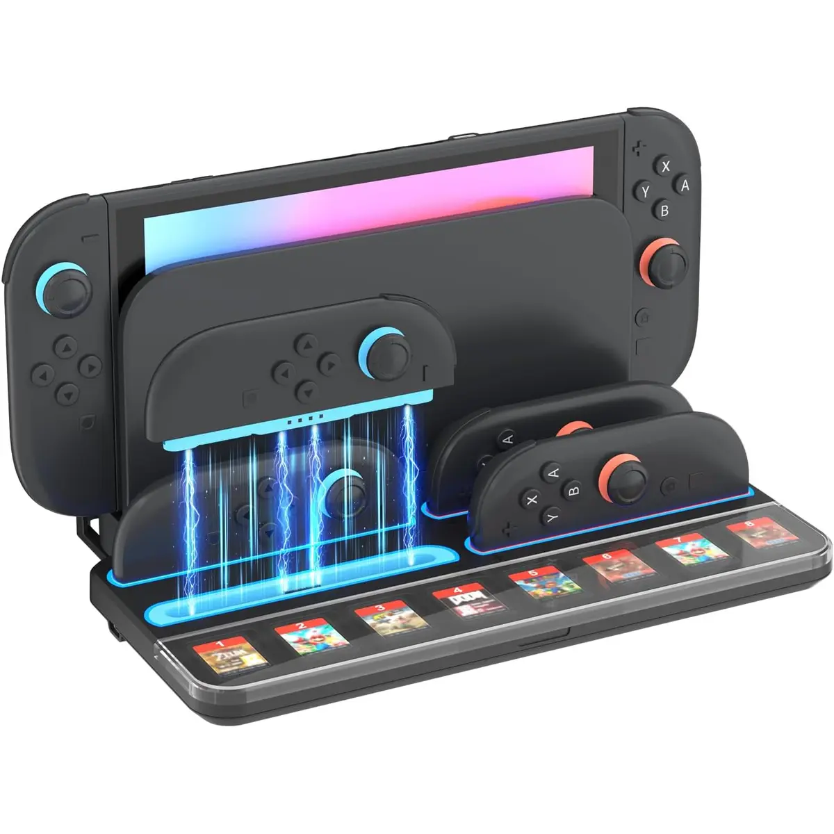 Charging Station Compatible with Switch 2 Joy- Con, Up to 4 controller charger, with 7 Color RGB Lights Game Card Slots, Fast Charging Console Console Accessories