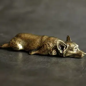 Retro Solid Brass Corgi Dog Statue Lovely Animal Figurines Ornaments Sculpture
