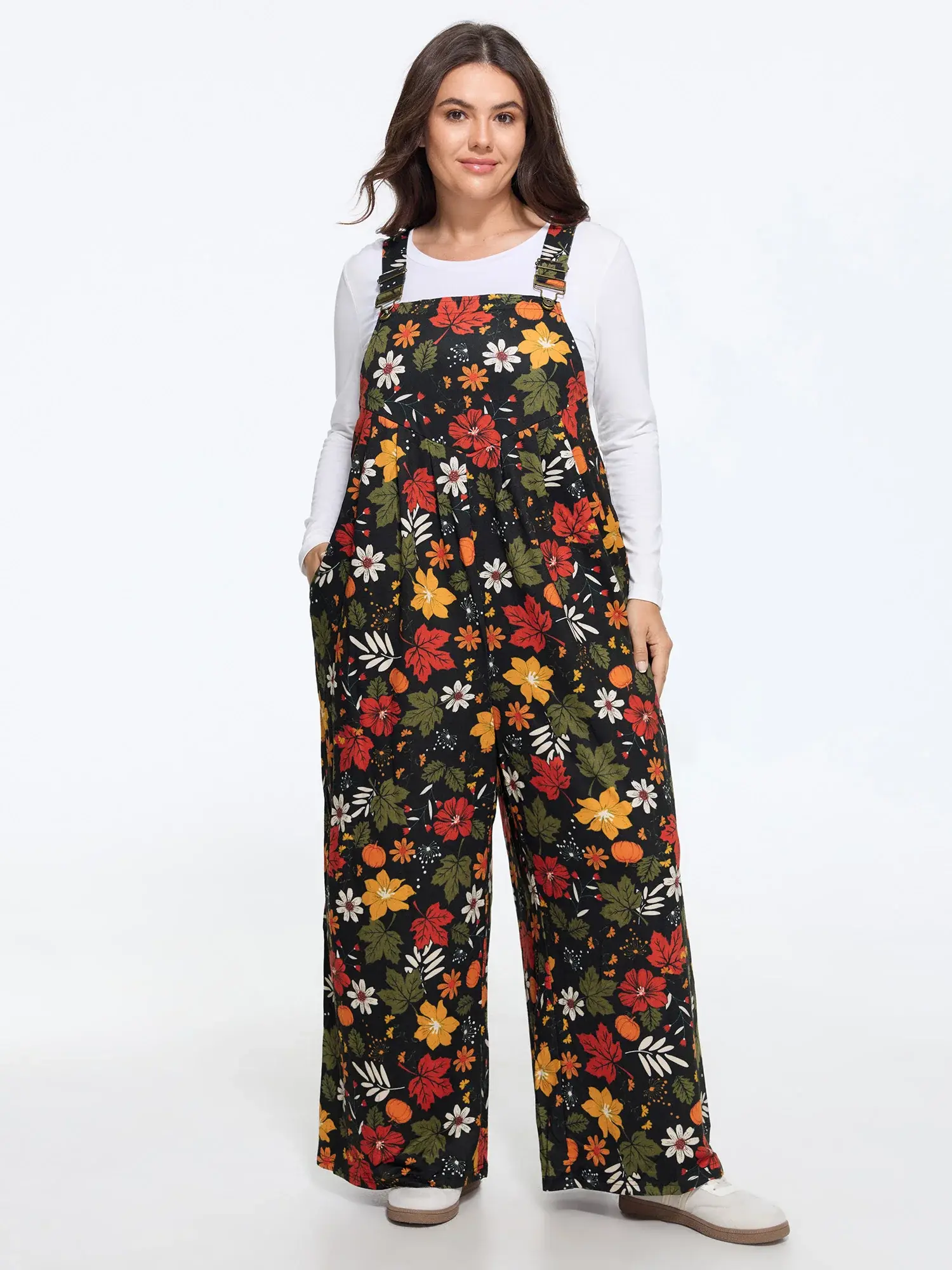 BloomChic Women's Plussize Tropical Print Wide Leg Overalls [M-6X] - Breezy Sleeveless Square Neck 1-Piece, Leisure-Ready Tropical Clothing With Pockets, Summer Vacation Casual Outfit For Curvy Women, SohoChic