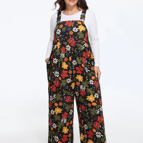 BloomChic Women's Plussize Tropical Print Wide Leg Overalls [M-6X] - Breezy Sleeveless Square Neck 1-Piece, Leisure-Ready Tropical Clothing With Pockets, Summer Vacation Casual Outfit For Curvy Women, SohoChic