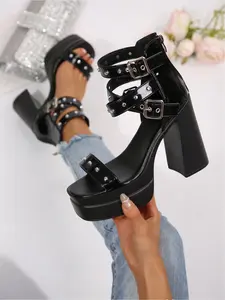 Women's Metallic Studded Platform Heel Sandals, All-Season Chunky Block Heel Punk Party Shoes