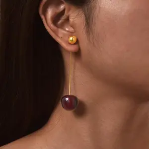 Cute Red Cherry Dangle Earrings, Gold Long Threader Earrings, Sweet Fruit Jewelry for Women
