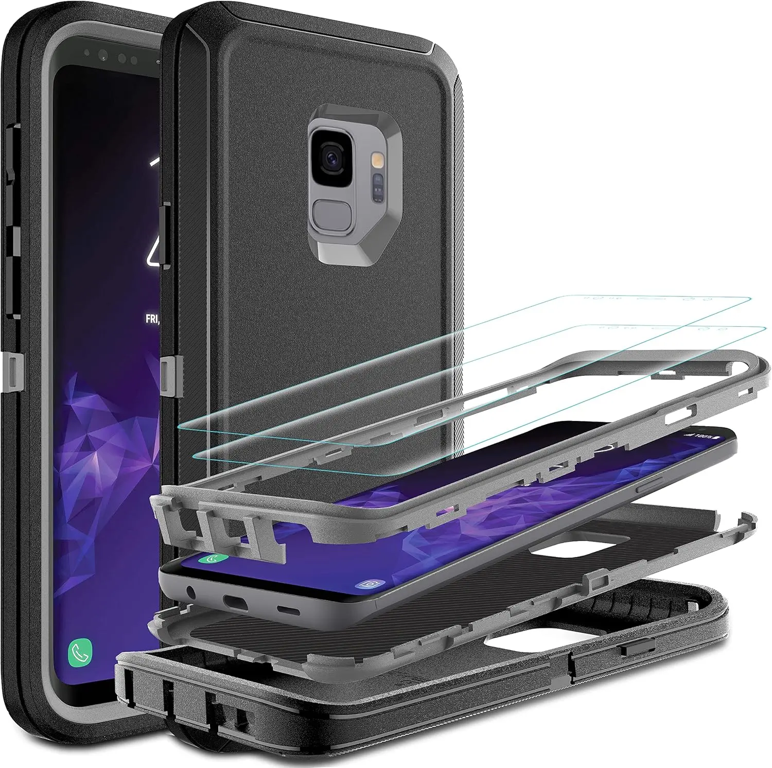 for Galaxy S9 Case,  Galaxy S9 Case with Self  Flexible TPU Screen Protector [2 Pack], 3 in 1 Full  Shockproof Heavy Duty Protection Case for  S9 (Black/Grey)