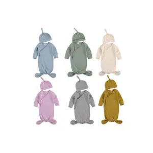 Ma&Baby Unisex Newborn 2Pcs Pajamas Set Nightgowns with Hat Baby Solid Long Sleeve Romper Infant Knotted Sleep Gown