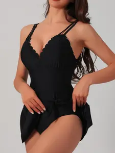 Women's Solid Color Scallop Trim Deep One-Piece Swimsuit, Casual Comfortable Adjustable Strap Tie Back Backless Sleeveless Swimwear for Beach Holiday Vacation