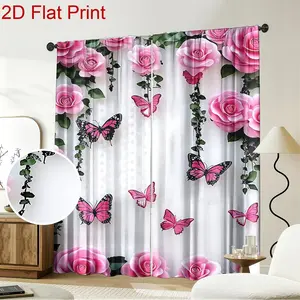 2D Flat - 2pcs Set Spring Window Decor Curtains Pink Roses And Butterflies Dance Gracefully. Blackout Curtain Panels Machine Washable, Ideal for Bedroom, Living Room, Dining Room, Home Holiday Decor，rodless