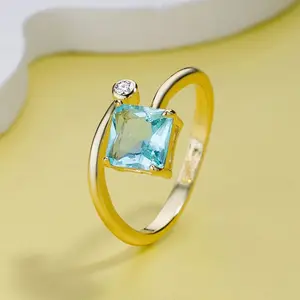 Aquamarine Square Diamond Fashionable Versatile Luxury INS Style Open Ring for Women