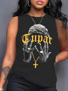 Women's Summer Casual Loose Fit Tank Top Vest, Sleeveless, Letter Print Design, Soft Comfortable Homewear Essential for Relaxation