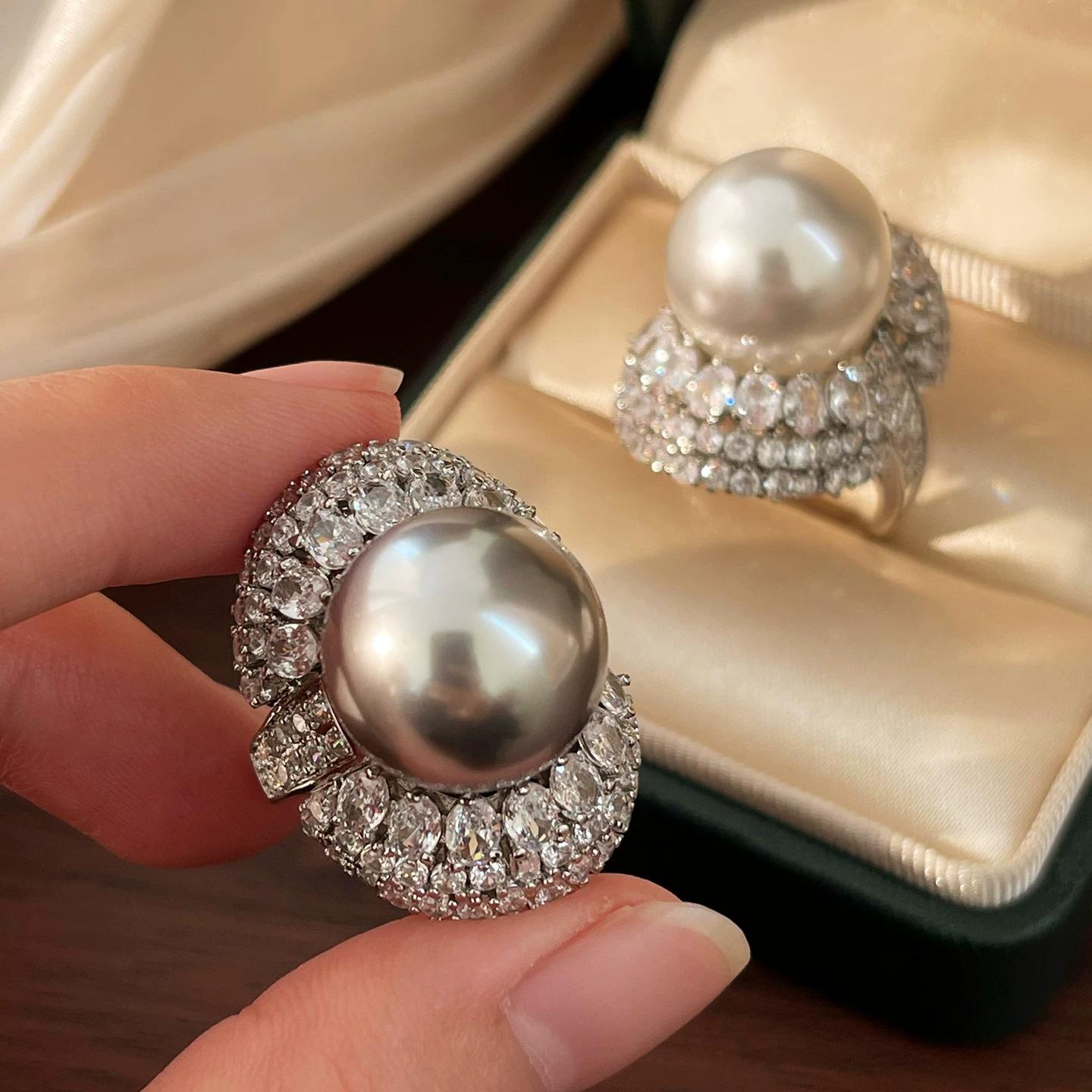 Luxury 16mm Large Pearl Ring with Sparkling Diamonds Elegant Socialite Jewelry Gift for Women shell pearl