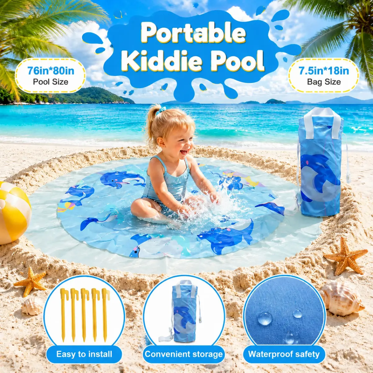 Baby Beach Pool, Pool for Toddlers 1-3, Beach Puddle Pool Toddler and Beach Puddle, Foldable Kiddie Pool with Waterproof Carrying Bag, Portable Baby Beach Pool for Outdoor Summer Vacation