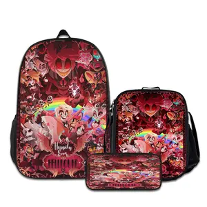 3PCS Helluva-BossBackpacks for Girls Set, Cute School Backpack for Girls Boys with Lunch Box and Pencil Case, Aesthetic Bookbag for Teens, Lightweight Classic Backpack for Travel, Work, Picnic A-44