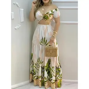 Women’s Printed Maxi Dress – V-Neck, Ruffle Detail, for Summer Parties and Clubs, Vacation Outfit | Silhouette | Knitted Floral Sundresses