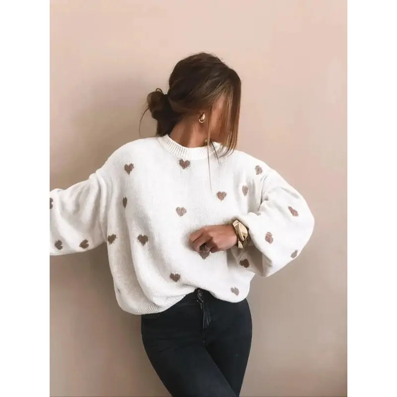 Women's All Over Heart Print Drop Shoulder Sweater, Casual Long Sleeve Round Neck Jumper for Fall & Winter, Fashion Ladies' Knitwear for Daily Wear,  Womenswear