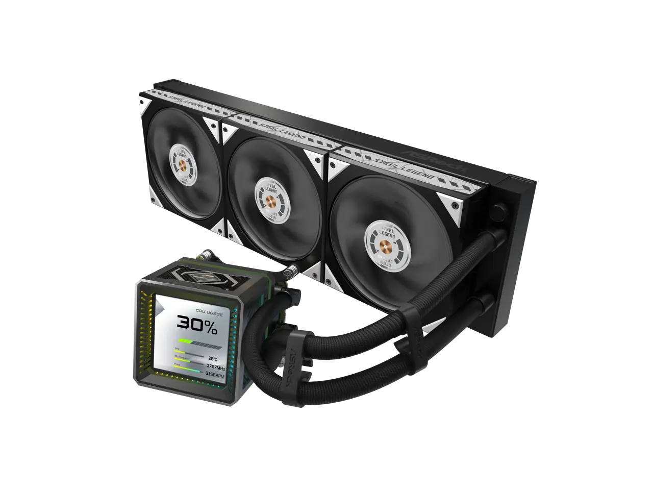 ASRock AIO Steel Legend Dark 360 LCD 27mm radiator, 3.4" LCD, VRM module, LCP fan w/ dual-ball bearing, black version