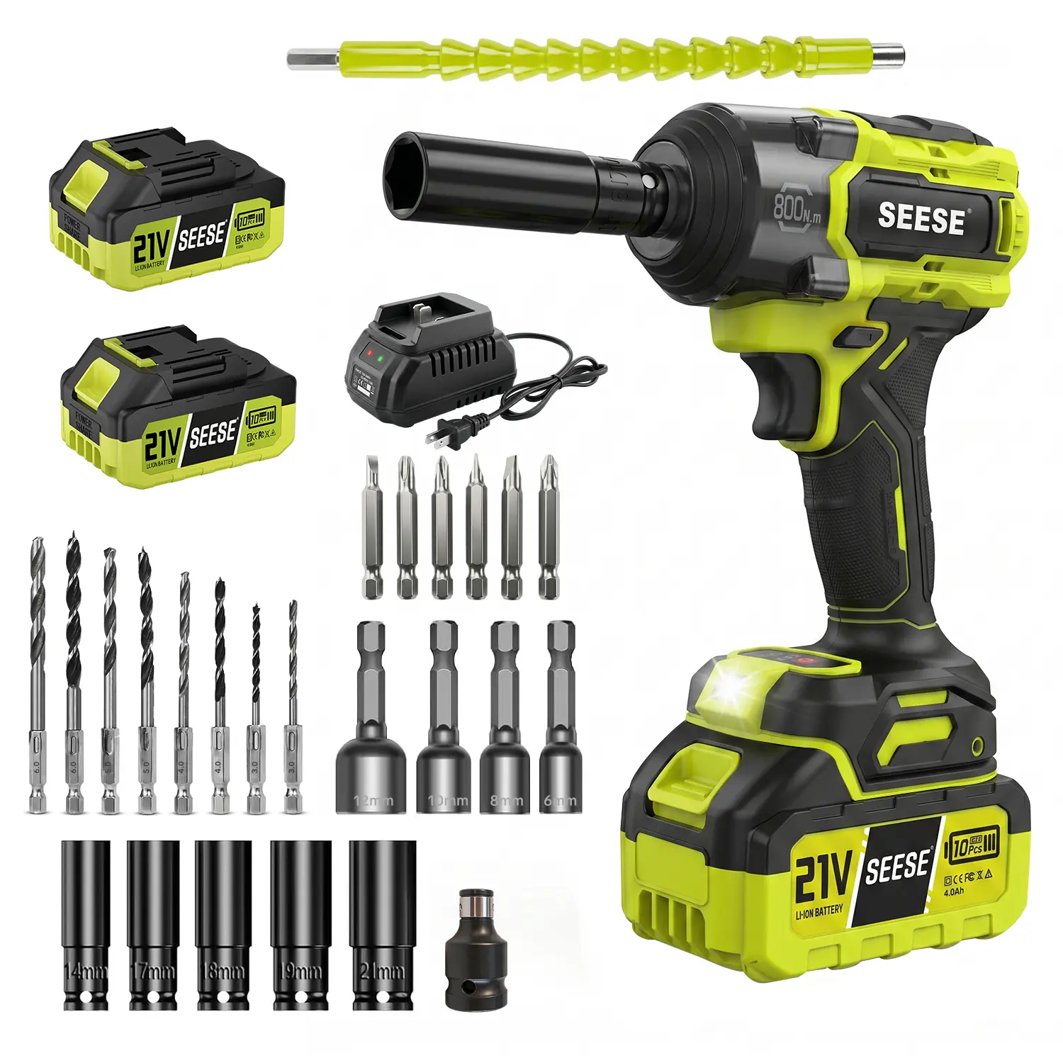 SEESE 3 in 1 Cordless Impact Wrench 590 FT-LBS(800N.m) 3200IPM 1/2 Impact Gun High Torque Electric Impact Driver Cordless Impact Wrench with 21V 2 x4.0Ah Battery ,LED Light,9 Sockets,8 Drills,6 Screws & Case for HomeCar Tire Lug Nut fathe